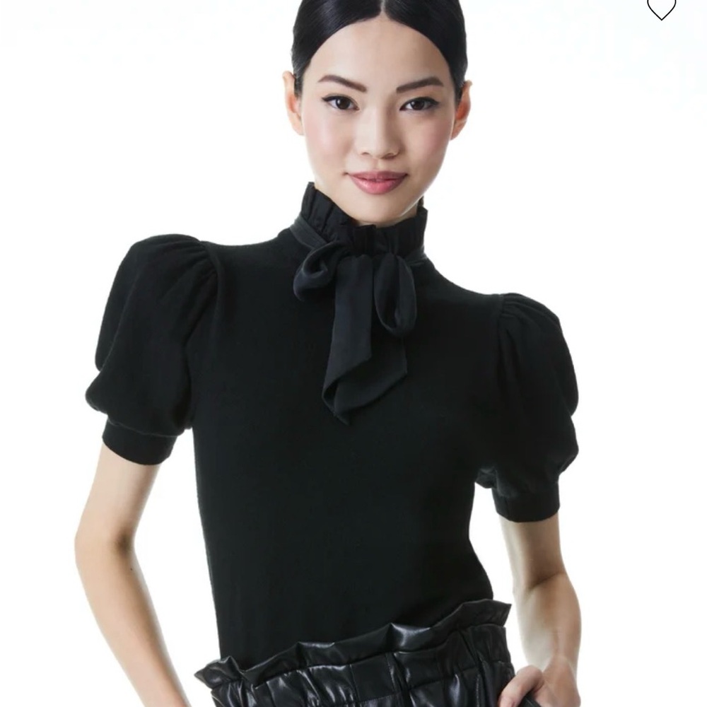 Alice & Olivia Chase Black Puff-Sleeve Sweater Tie-Neck Top